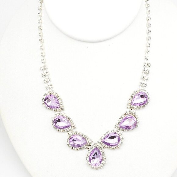 Special Occasion Teardrop Rhinestone Necklace Silver Tone Lavender & Clear NOS - Picture 2 of 8